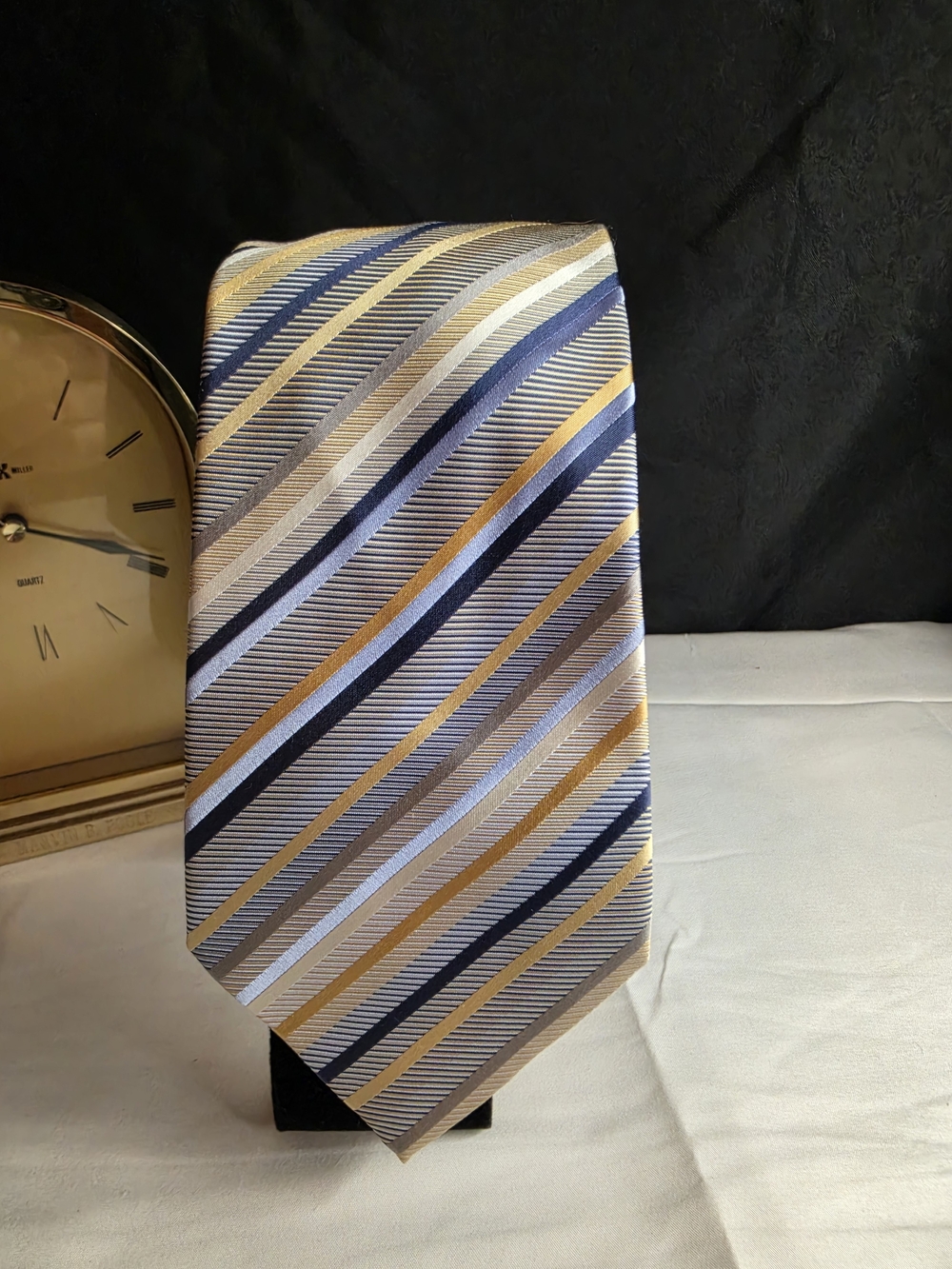 Geoffrey Beene Striped Tie in Blue, Gold, and Silver